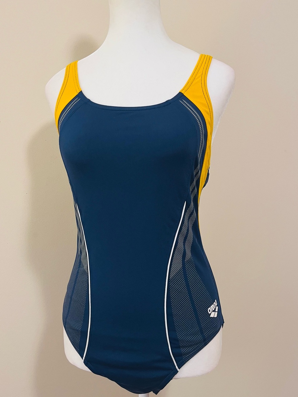 Arena Threefold V-Back One Piece Swimsuit Navy Yellow Splice Size 38